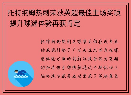 托特纳姆热刺荣获英超最佳主场奖项 提升球迷体验再获肯定
