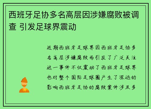 西班牙足协多名高层因涉嫌腐败被调查 引发足球界震动